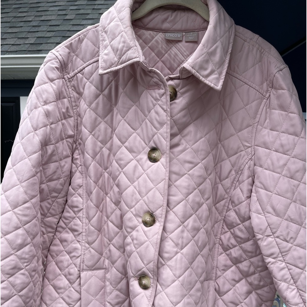 Chico’s quilted mid length jacket. Soft pink in color.  Size 3